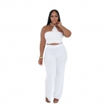 White Two Pieces Halter Crop Tops Knited Fashion Casual Pant Sets