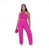 Rose Red Two Pieces Halter Crop Tops Knited Fashion Casual Pant Sets