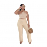 Khaki Two Pieces Halter Crop Tops Knited Fashion Casual Pant Sets