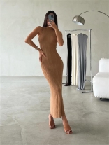 Khaki Sleeveless Knited Women Casual Waisted Bodycon Midi Dress