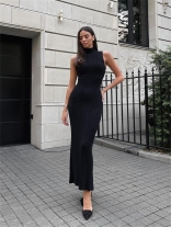 Black Sleeveless Knited Women Casual Waisted Bodycon Midi Dress