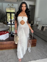 White Off Shoulder Knitted Hollow Out Bodycon Tassels Midi Dress