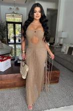 Khaki Off Shoulder Knitted Hollow Out Bodycon Tassels Midi Dress