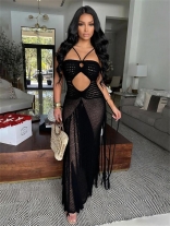 Black Off Shoulder Knitted Hollow Out Bodycon Tassels Midi Dress