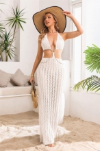 White Sleeveless Knitted Chains Hollow Out Vacation Beach Midi Dress