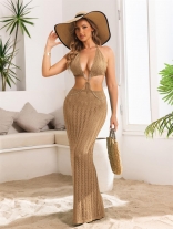Khaki Sleeveless Knitted Chains Hollow Out Vacation Beach Midi Dress