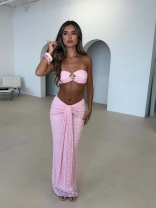 Pink Off Shoulder Lace Jacquard Two Pieces Vacation Midi Dress Sets