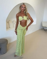 Green Off Shoulder Lace Jacquard Two Pieces Vacation Midi Dress Sets