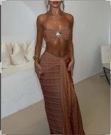 Brown Off Shoulder Lace Jacquard Two Pieces Vacation Midi Dress Sets