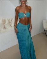 Blue Off Shoulder Lace Jacquard Two Pieces Vacation Midi Dress Sets