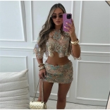 Blue Two Pieces Short Sleeve Lace Crop Tops Floral Hollow Out Mini Skirt Set Dress