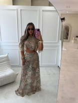 Blue Two Pieces Short Sleeve Lace Crop Tops Floral Hollow Out Maxi Skirt Set Dress