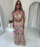 Pink Two Pieces Short Sleeve Lace Crop Tops Floral Hollow Out Maxi Skirt Set Dress