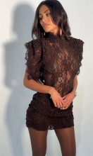 Brown Sleeveless Lace Hollow Out Folds Bodycon Party Mini Dress