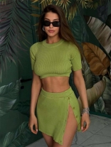 Green Two Pieces Knitwear Crop Tops with Split Button Mini Skirt Sets