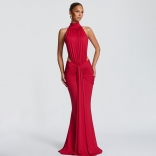 Red Evening Halter Neck Cut Out Backless Ruched Bodycon Pleated Maxi Dress