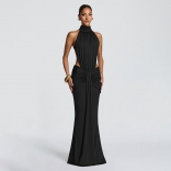 Black Evening Halter Neck Cut Out Backless Ruched Bodycon Pleated Maxi Dress