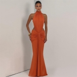 Orange Evening Halter Neck Cut Out Backless Ruched Bodycon Pleated Maxi Dress