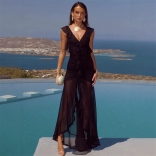 Black Deep V Neck Ruffles Bodycon Ruched Mesh Maxi Dress