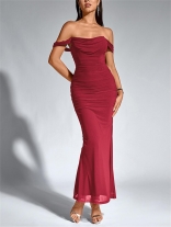 Calret Off Shoulder Mesh Ruched Pleated Women Luxury Women Evening Dress