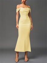 Yellow Off Shoulder Mesh Ruched Pleated Women Luxury Women Evening Dress