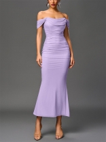Light Purple Off Shoulder Mesh Ruched Pleated Women Luxury Women Evening Dress