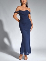 Royal Blue Off Shoulder Mesh Ruched Pleated Women Luxury Women Evening Dress