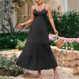 Black Straps Halter V Neck Backless Bow Casual Vacation Long Dress