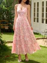 Pink Straps Halter V Neck Printed Backless Bow Casual Vacation Long Dress