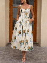Yellow Floral Straps Low Cut V Neck Printed High Split Pleated Vacation Midi Dress