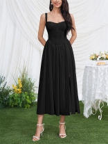 Black Straps Low Cut V Neck High Split Pleated Vacation Midi Dress