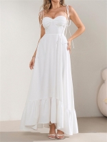 White Low Cut Straps Lace Up Ruched Cups Pleated Women Ruffles Luxury Dress