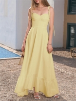 Yellow Low Cut Straps Lace Up Ruched Cups Pleated Women Ruffles Luxury Dress