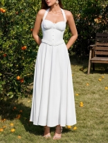 White Halter V Neck Ruffles Casual Women Summer Midi Dress