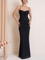 Black Straps Lace V Neck Fishbone Luxury Women Bodycon Evening Long Dress