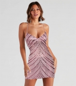 Pink Straps V Neck Sequins Mesh See Through Evening Party Mini Dress