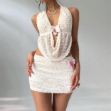 Beige Sleeveless Two Pieces Mesh Women Sexy Party Mini Skirt Sets