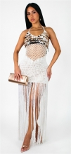 White Sequins V Neck Knitted Hollow Out Tassels Party Maxi Dress