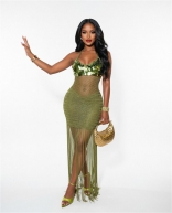 Green Sequins V Neck Knitted Hollow Out Tassels Party Maxi Dress