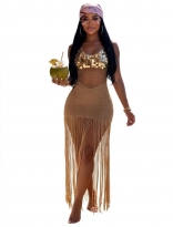 Khaki Sequins V Neck Knitted Hollow Out Tassels Party Maxi Dress