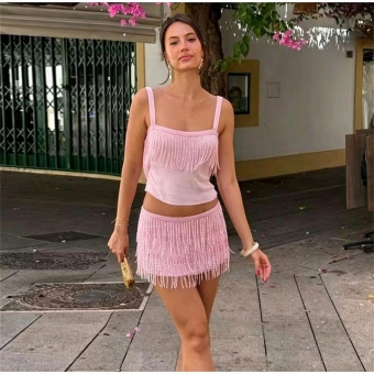 Pink Two Pieces Straps Sequins Halter Tops Tassels Bodycon Mini Dress Sets