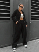 Black Two Pieces Two Pieces Zipper Hooded Casaul Fashion Long Pant Sets