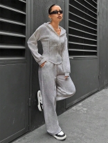 Gray Two Pieces Two Pieces Zipper Hooded Casaul Fashion Long Pant Sets
