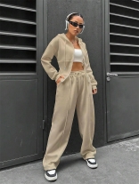 Khaki Two Pieces Two Pieces Zipper Hooded Casaul Fashion Long Pant Sets