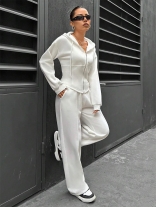 White Two Pieces Two Pieces Zipper Hooded Casaul Fashion Long Pant Sets