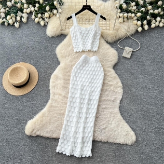 White Two Pieces Straps Boat Neck Knitted Tassels Midi Skirt Sets