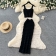 Black Two Pieces Straps Boat Neck Knitted Tassels Midi Skirt Sets