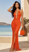 Orange Knitted Hollow Out Deep V Neck Pearls Women Beach Vacation Long Dress