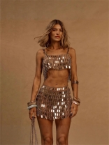 Silver Two Pieces Sequins Chains Sexy Hollow Out Party Mini Skirt Sets