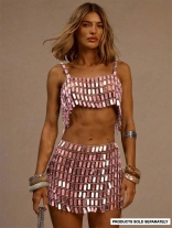 Pink Two Pieces Sequins Chains Sexy Hollow Out Party Mini Skirt Sets